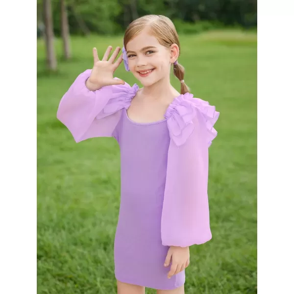 WDIRARA Girl's Mesh Ruffle Trim Layered Tie Back Lantern Sleeve Pencil Mini Dress