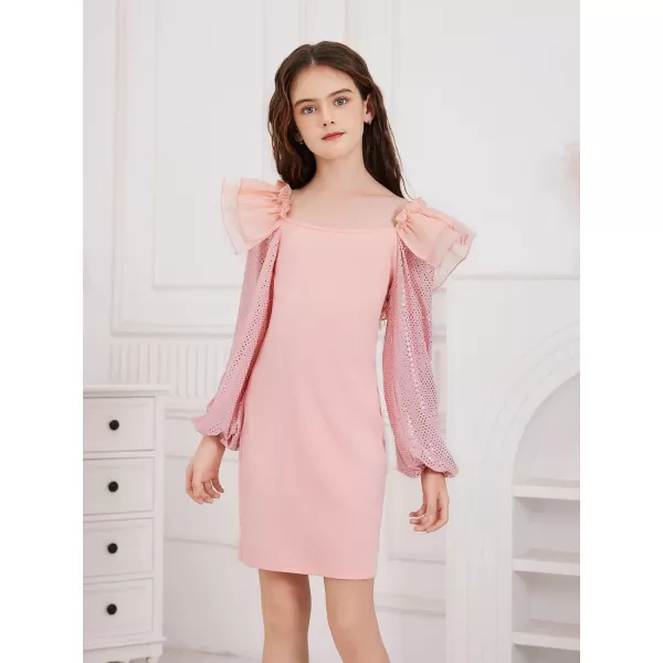 WDIRARA Girl's Mesh Ruffle Trim Layered Tie Back Lantern Sleeve Pencil Mini Dress