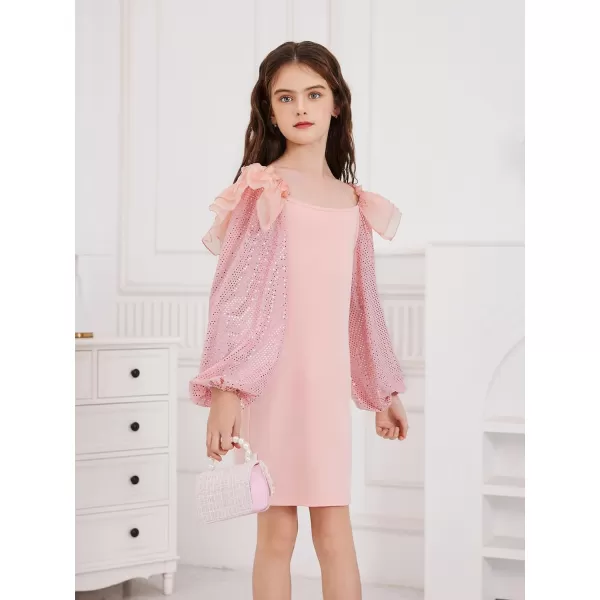 WDIRARA Girl's Mesh Ruffle Trim Layered Tie Back Lantern Sleeve Pencil Mini Dress