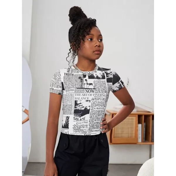 WDIRARA Girl's Newspaper Print Tank Top Round Neck Short Sleeve Slim Tee Top