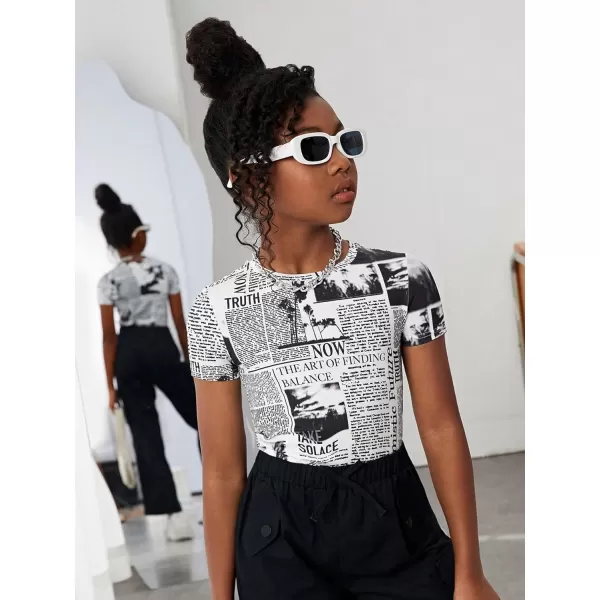 WDIRARA Girl's Newspaper Print Tank Top Round Neck Short Sleeve Slim Tee Top