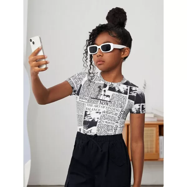 WDIRARA Girl's Newspaper Print Tank Top Round Neck Short Sleeve Slim Tee Top