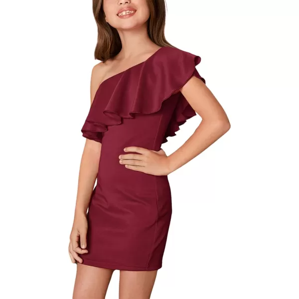 WDIRARA Girl's One Shoulder Ruffle Trim Flounce Sleeve Pencil Party Birthday Dress