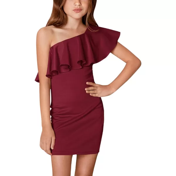 WDIRARA Girl's One Shoulder Ruffle Trim Flounce Sleeve Pencil Party Birthday Dress
