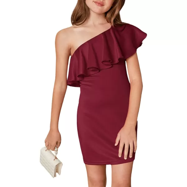 WDIRARA Girl's One Shoulder Ruffle Trim Flounce Sleeve Pencil Party Birthday Dress