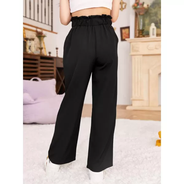 WDIRARA Girl's Paper Bag Waist Belted Wide Leg Pants Casual Elastic High Waist Pants