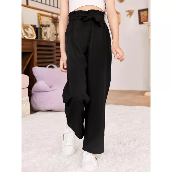 WDIRARA Girl's Paper Bag Waist Belted Wide Leg Pants Casual Elastic High Waist Pants