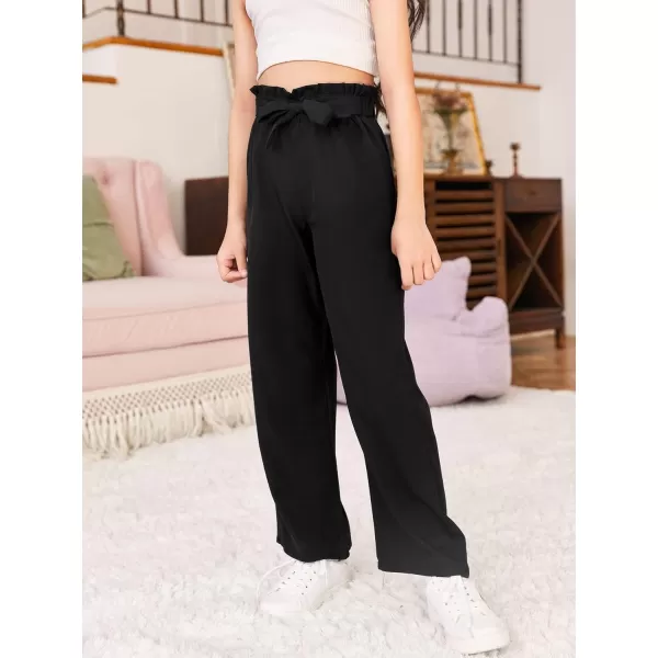 WDIRARA Girl's Paper Bag Waist Belted Wide Leg Pants Casual Elastic High Waist Pants