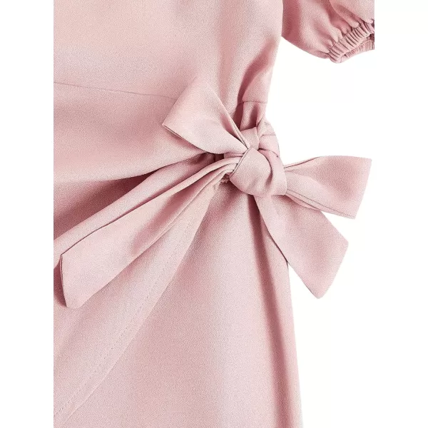 WDIRARA Girl's Puff Sleeve Tie Side Wrap Dress Short Sleeve Round Neck Dresses