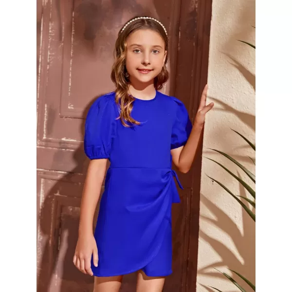 WDIRARA Girl's Puff Sleeve Tie Side Wrap Dress Short Sleeve Round Neck Dresses
