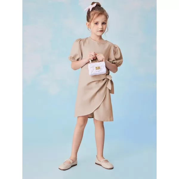 WDIRARA Girl's Puff Sleeve Tie Side Wrap Dress Short Sleeve Round Neck Dresses
