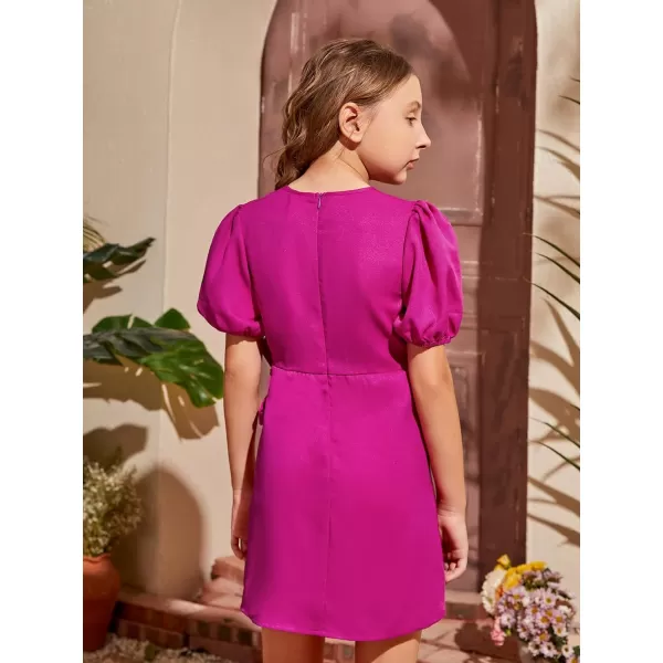 WDIRARA Girl's Puff Sleeve Tie Side Wrap Dress Short Sleeve Round Neck Dresses