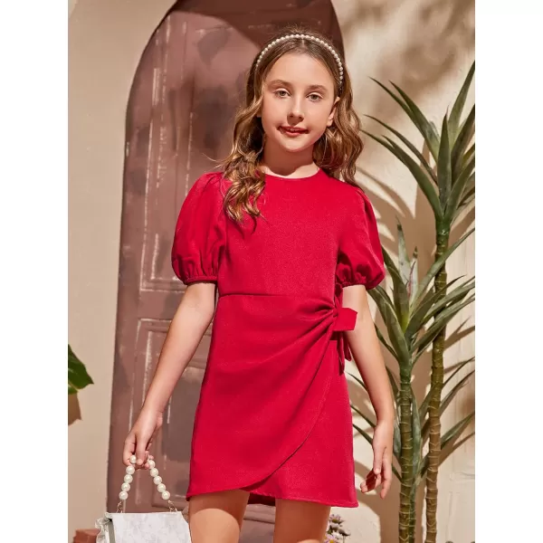 WDIRARA Girl's Puff Sleeve Tie Side Wrap Dress Short Sleeve Round Neck Dresses