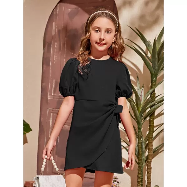 WDIRARA Girl's Puff Sleeve Tie Side Wrap Dress Short Sleeve Round Neck Dresses