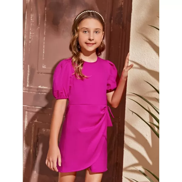 WDIRARA Girl's Puff Sleeve Tie Side Wrap Dress Short Sleeve Round Neck Dresses
