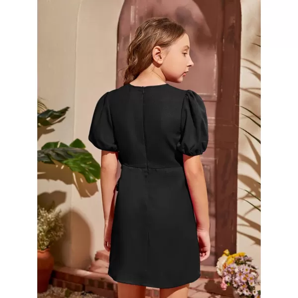 WDIRARA Girl's Puff Sleeve Tie Side Wrap Dress Short Sleeve Round Neck Dresses