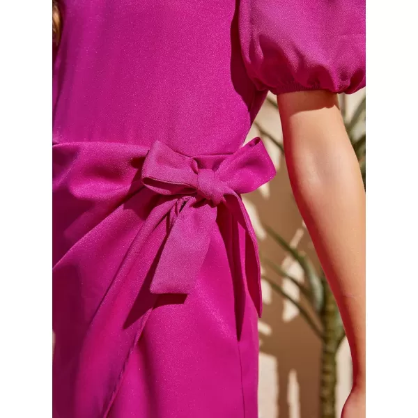 WDIRARA Girl's Puff Sleeve Tie Side Wrap Dress Short Sleeve Round Neck Dresses