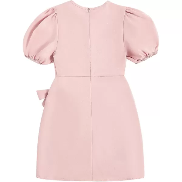 WDIRARA Girl's Puff Sleeve Tie Side Wrap Dress Short Sleeve Round Neck Dresses