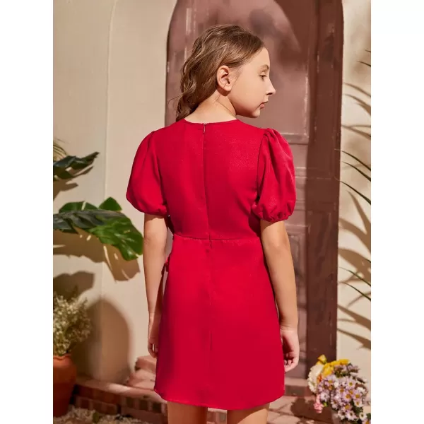 WDIRARA Girl's Puff Sleeve Tie Side Wrap Dress Short Sleeve Round Neck Dresses