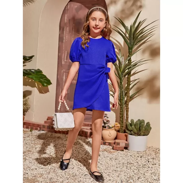 WDIRARA Girl's Puff Sleeve Tie Side Wrap Dress Short Sleeve Round Neck Dresses
