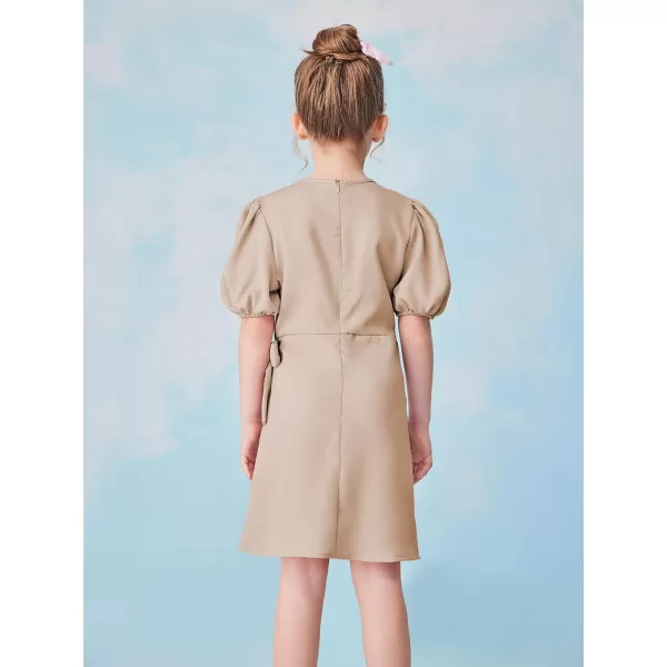 WDIRARA Girl's Puff Sleeve Tie Side Wrap Dress Short Sleeve Round Neck Dresses