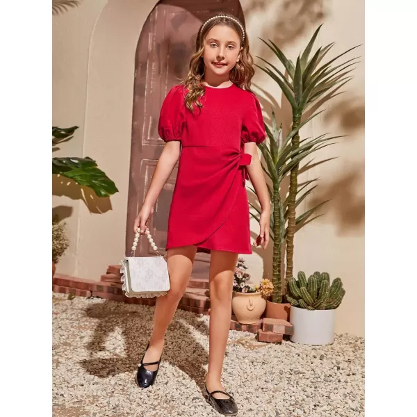 WDIRARA Girl's Puff Sleeve Tie Side Wrap Dress Short Sleeve Round Neck Dresses