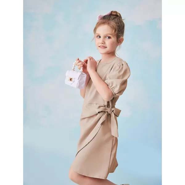 WDIRARA Girl's Puff Sleeve Tie Side Wrap Dress Short Sleeve Round Neck Dresses