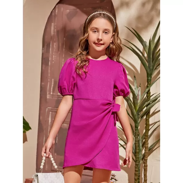 WDIRARA Girl's Puff Sleeve Tie Side Wrap Dress Short Sleeve Round Neck Dresses