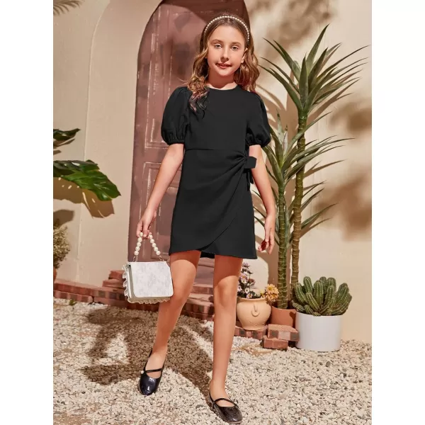 WDIRARA Girl's Puff Sleeve Tie Side Wrap Dress Short Sleeve Round Neck Dresses