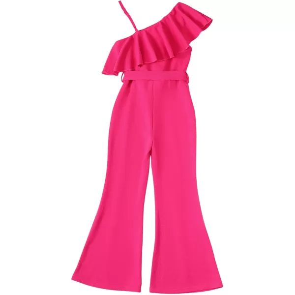 WDIRARA Girl's Ruffle Trim Asymmetrical Neck Sleeveless Belted Flare Leg Romper Cute Long Jumpsuit
