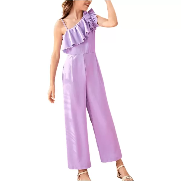 WDIRARA Girl's Ruffle Trim Asymmetrical Neck Sleeveless Belted Flare Leg Romper Cute Long Jumpsuit