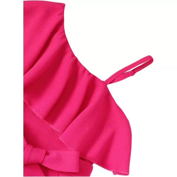 WDIRARA Girl's Ruffle Trim Asymmetrical Neck Sleeveless Belted Flare Leg Romper Cute Long Jumpsuit