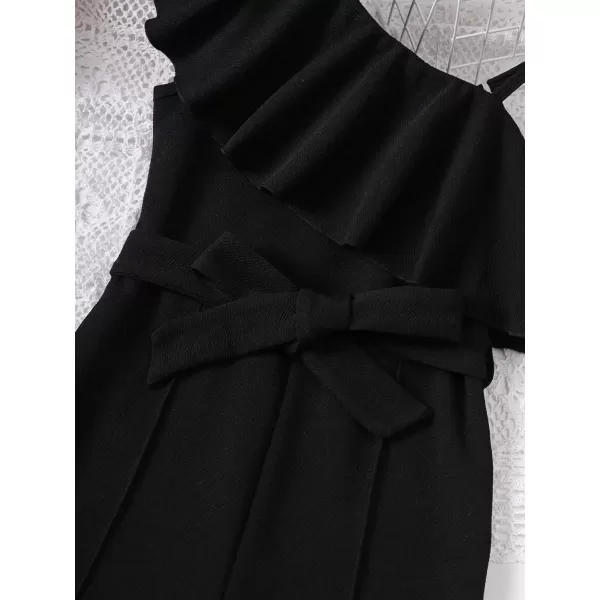 WDIRARA Girl's Ruffle Trim Asymmetrical Neck Sleeveless Belted Flare Leg Romper Cute Long Jumpsuit