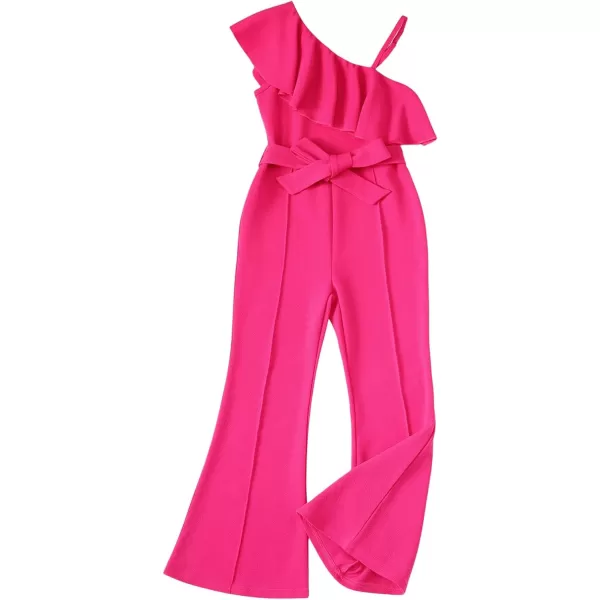 WDIRARA Girl's Ruffle Trim Asymmetrical Neck Sleeveless Belted Flare Leg Romper Cute Long Jumpsuit