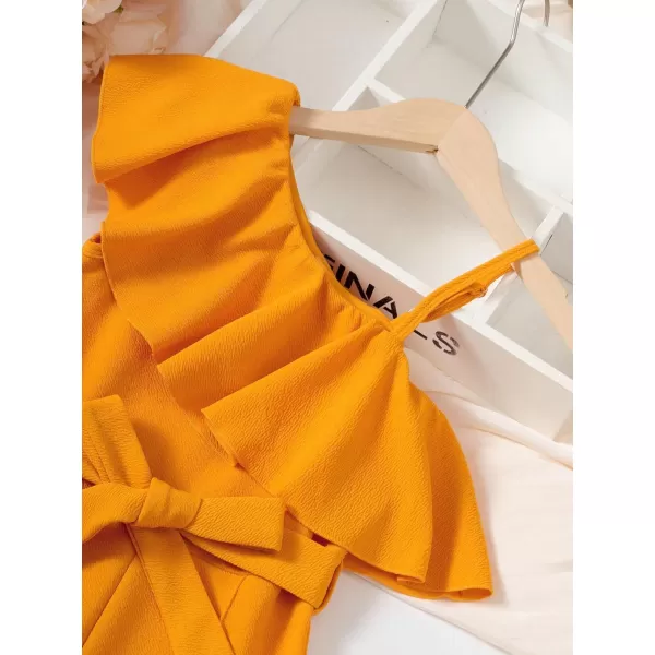 WDIRARA Girl's Ruffle Trim Asymmetrical Neck Sleeveless Belted Flare Leg Romper Cute Long Jumpsuit