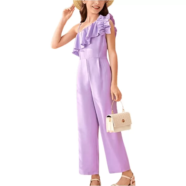 WDIRARA Girl's Ruffle Trim Asymmetrical Neck Sleeveless Belted Flare Leg Romper Cute Long Jumpsuit