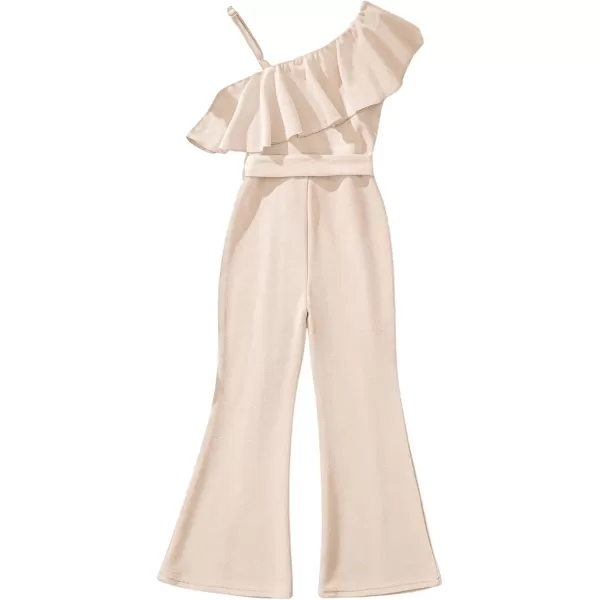 WDIRARA Girl's Ruffle Trim Asymmetrical Neck Sleeveless Belted Flare Leg Romper Cute Long Jumpsuit