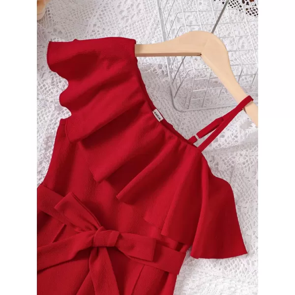 WDIRARA Girl's Ruffle Trim Asymmetrical Neck Sleeveless Belted Flare Leg Romper Cute Long Jumpsuit