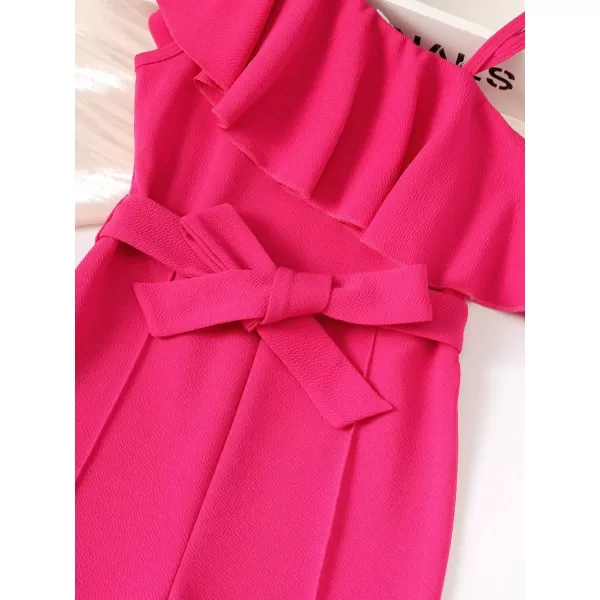 WDIRARA Girl's Ruffle Trim Asymmetrical Neck Sleeveless Belted Flare Leg Romper Cute Long Jumpsuit