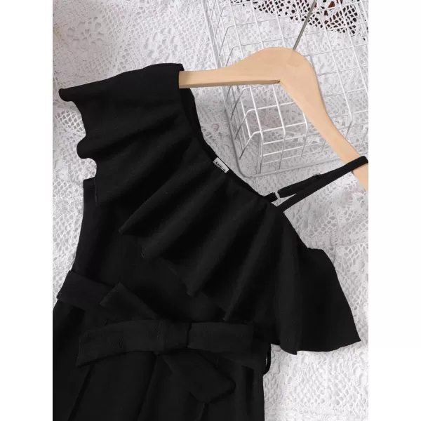 WDIRARA Girl's Ruffle Trim Asymmetrical Neck Sleeveless Belted Flare Leg Romper Cute Long Jumpsuit