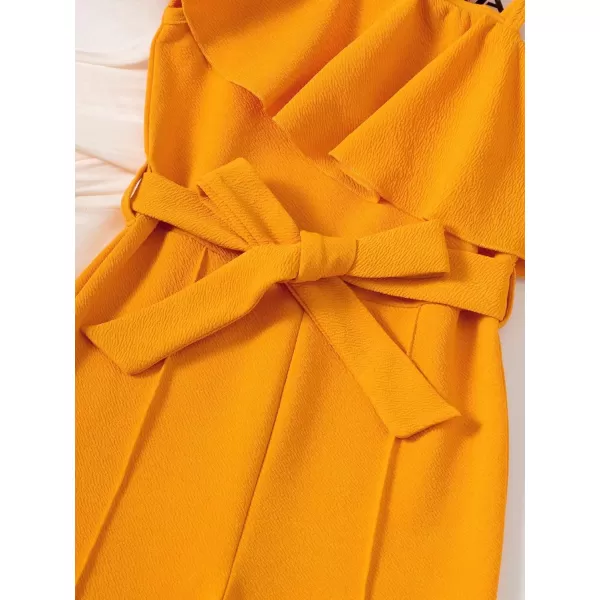 WDIRARA Girl's Ruffle Trim Asymmetrical Neck Sleeveless Belted Flare Leg Romper Cute Long Jumpsuit