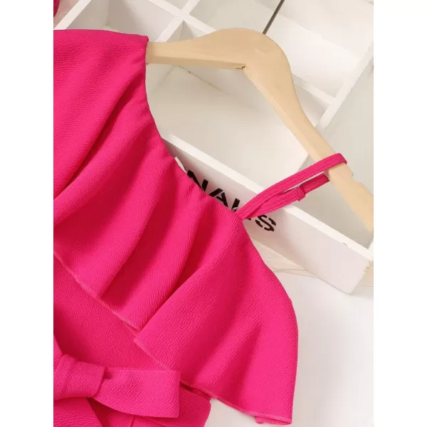 WDIRARA Girl's Ruffle Trim Asymmetrical Neck Sleeveless Belted Flare Leg Romper Cute Long Jumpsuit
