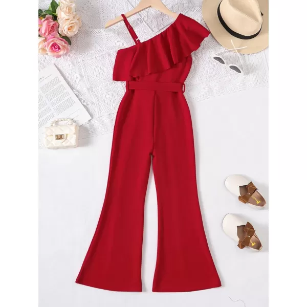WDIRARA Girl's Ruffle Trim Asymmetrical Neck Sleeveless Belted Flare Leg Romper Cute Long Jumpsuit
