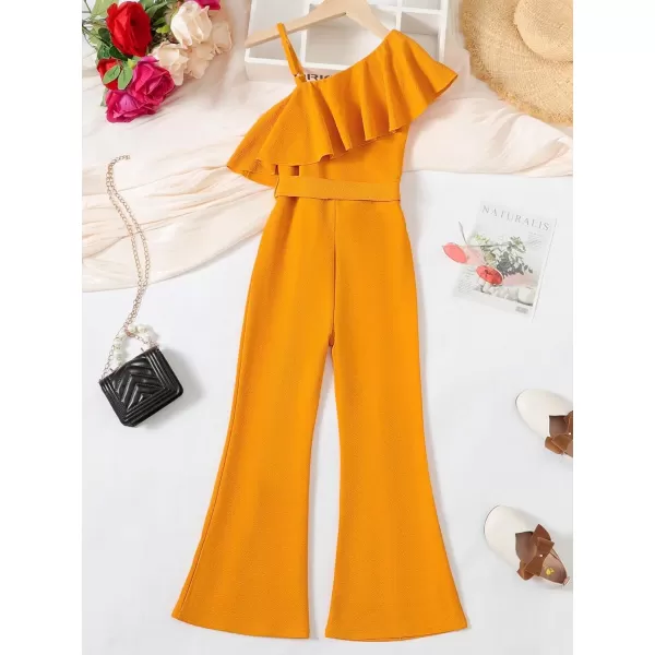 WDIRARA Girl's Ruffle Trim Asymmetrical Neck Sleeveless Belted Flare Leg Romper Cute Long Jumpsuit