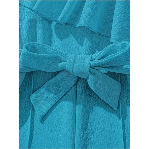 WDIRARA Girl's Ruffle Trim Asymmetrical Neck Sleeveless Belted Flare Leg Romper Cute Long Jumpsuit