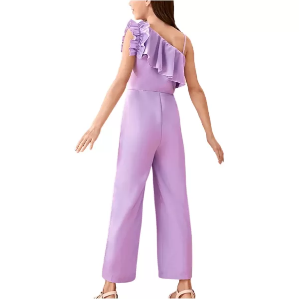 WDIRARA Girl's Ruffle Trim Asymmetrical Neck Sleeveless Belted Flare Leg Romper Cute Long Jumpsuit