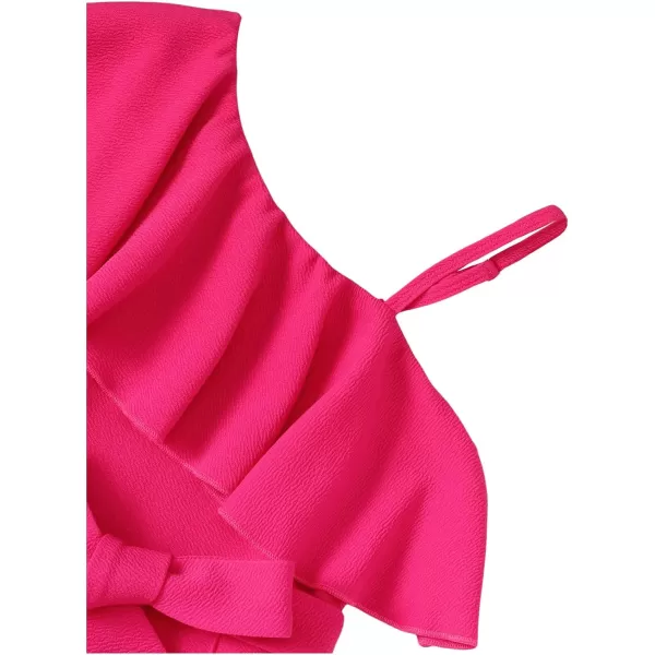 WDIRARA Girl's Ruffle Trim Asymmetrical Neck Sleeveless Belted Flare Leg Romper Cute Long Jumpsuit