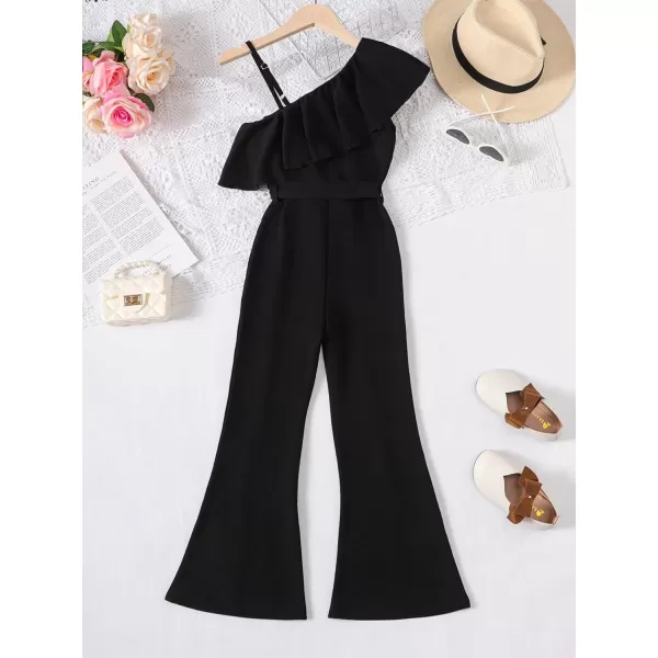 WDIRARA Girl's Ruffle Trim Asymmetrical Neck Sleeveless Belted Flare Leg Romper Cute Long Jumpsuit