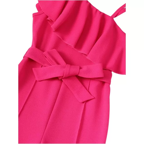 WDIRARA Girl's Ruffle Trim Asymmetrical Neck Sleeveless Belted Flare Leg Romper Cute Long Jumpsuit