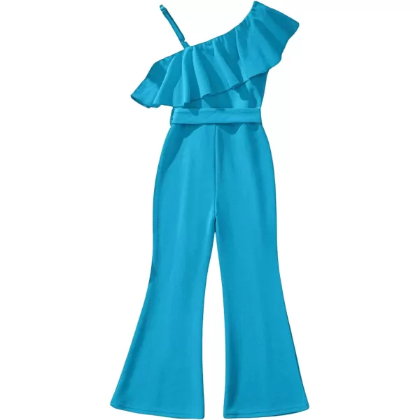WDIRARA Girl's Ruffle Trim Asymmetrical Neck Sleeveless Belted Flare Leg Romper Cute Long Jumpsuit